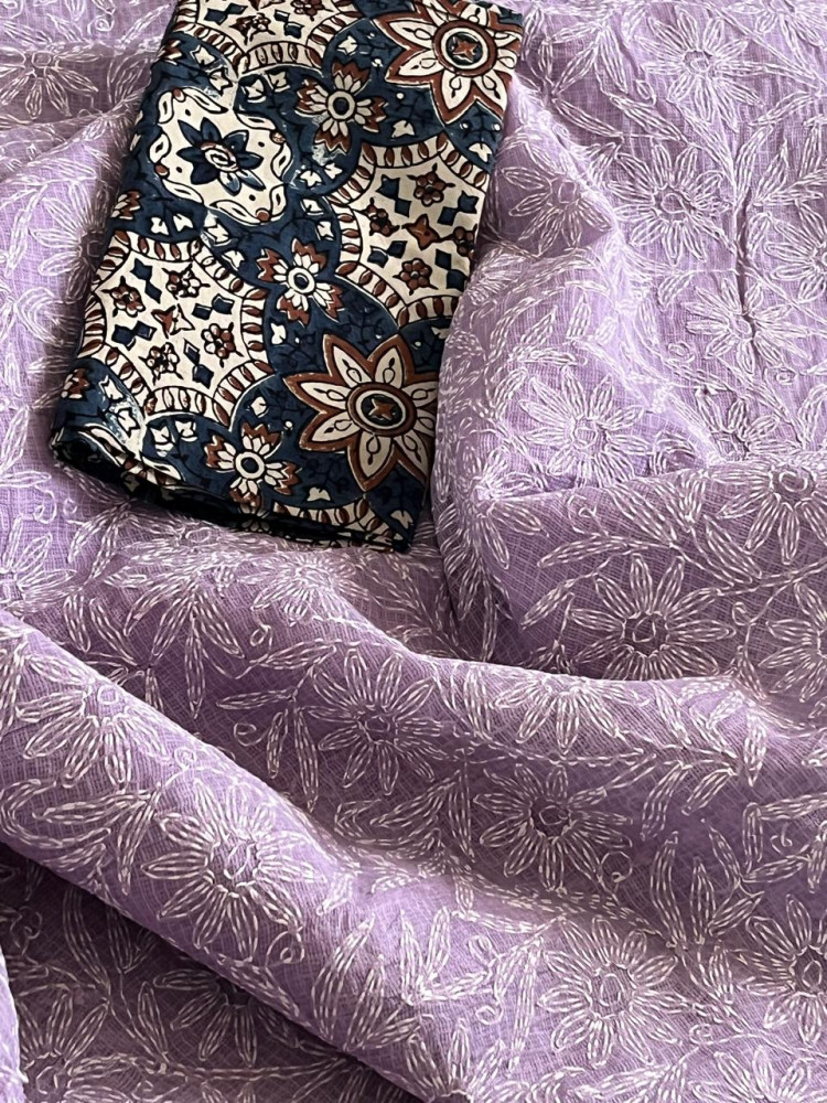 Image of Lucknow Kota Doria Cotton Saree with Hand Tepchi Embroidery and Ajrakh blouse - Purple