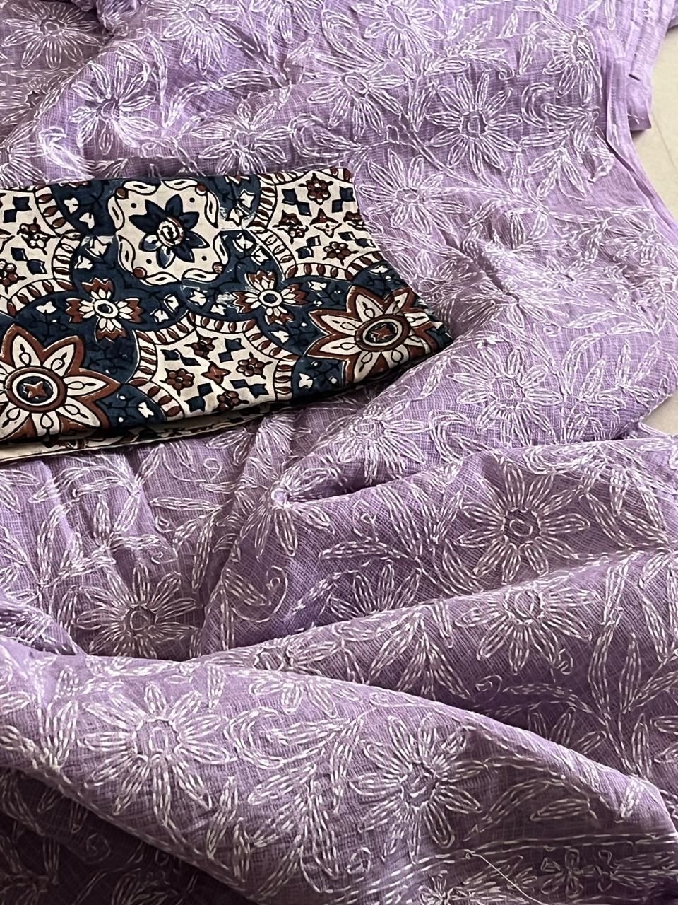Lucknow Kota Doria Cotton Saree with Hand Tepchi Embroidery and Ajrakh blouse - Purple