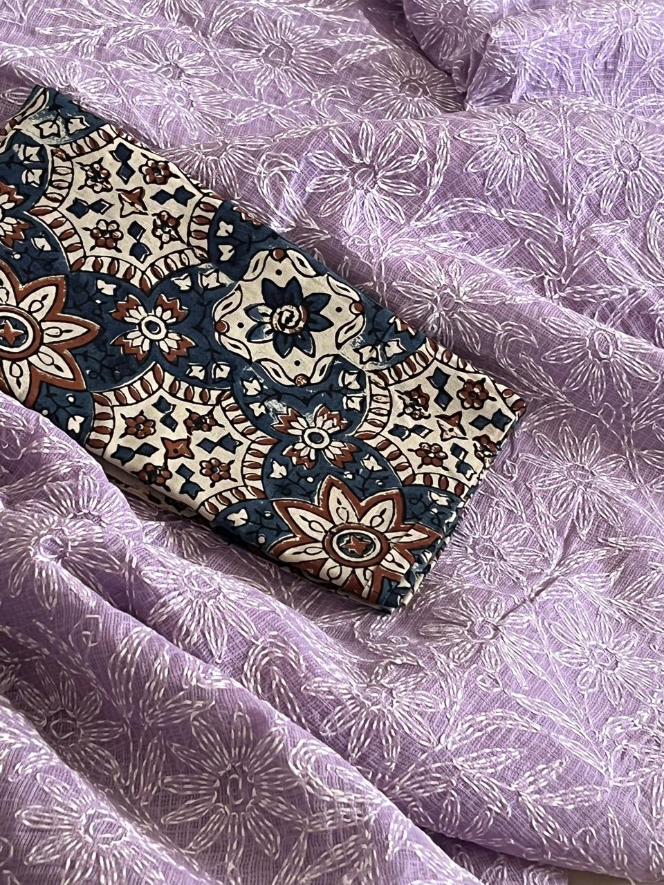 Lucknow Kota Doria Cotton Saree with Hand Tepchi Embroidery and Ajrakh blouse - Purple
