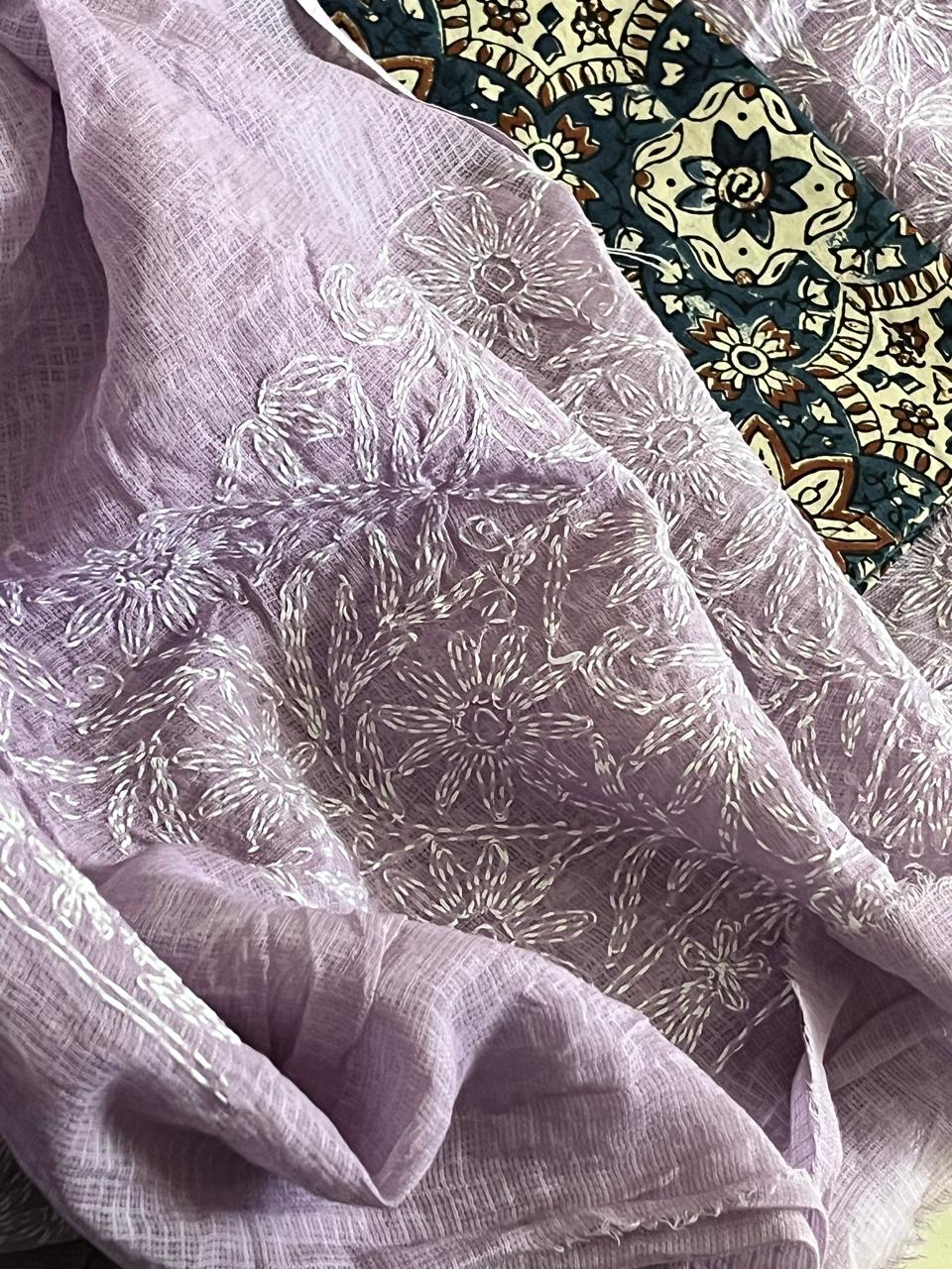Lucknow Kota Doria Cotton Saree with Hand Tepchi Embroidery and Ajrakh blouse - Purple