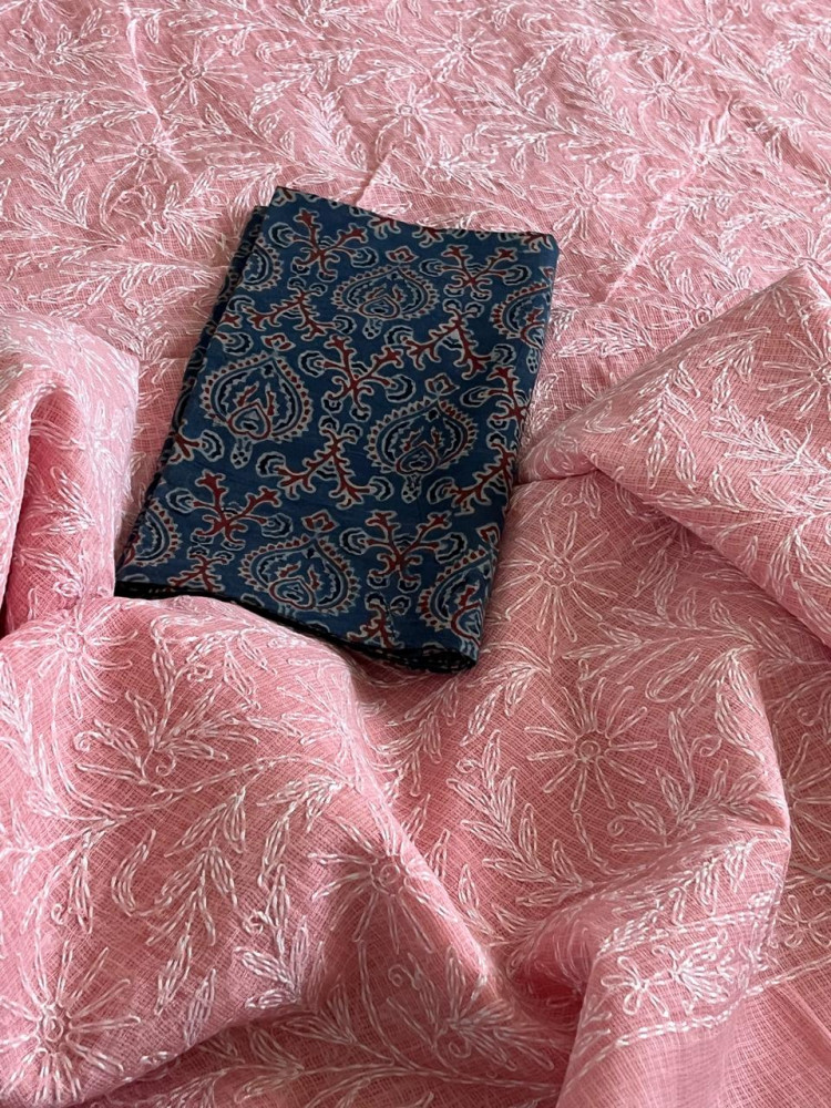 Image of Lucknow Kota Doria Cotton Saree with Hand Tepchi Embroidery and Ajrakh blouse - Pink