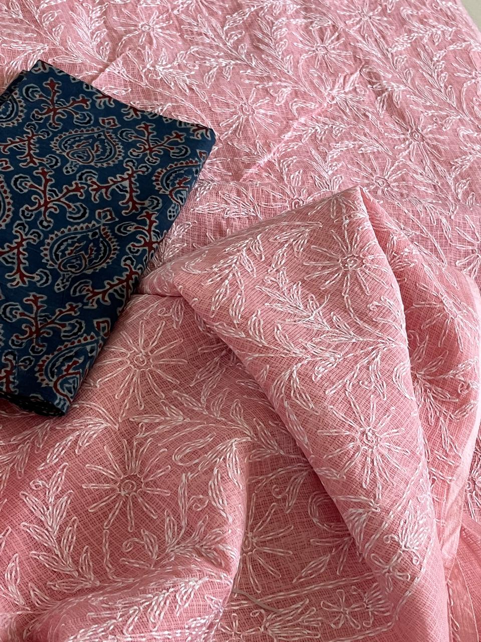 Lucknow Kota Doria Cotton Saree with Hand Tepchi Embroidery and Ajrakh blouse - Pink