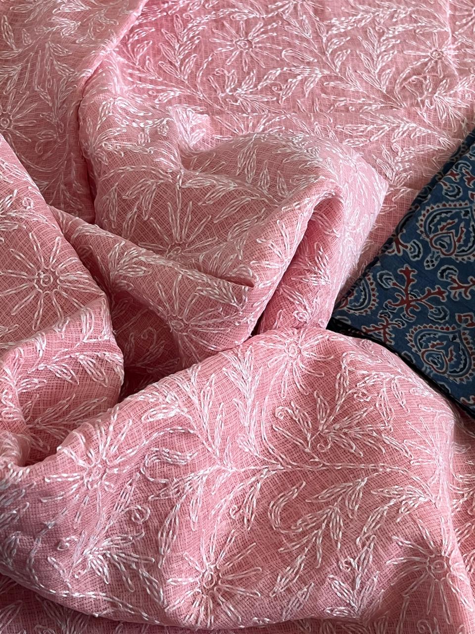 Lucknow Kota Doria Cotton Saree with Hand Tepchi Embroidery and Ajrakh blouse - Pink