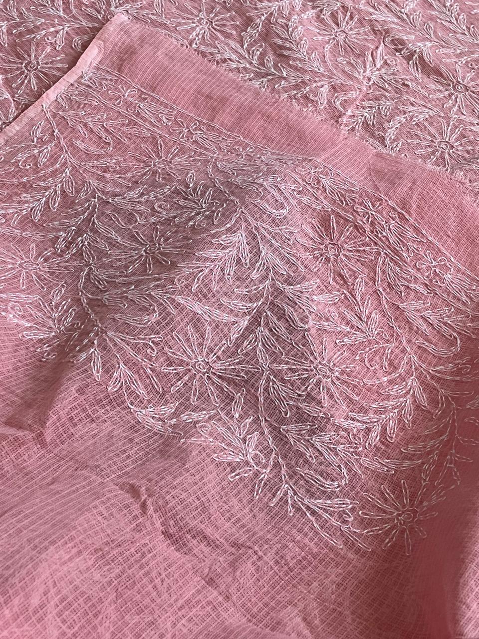 Lucknow Kota Doria Cotton Saree with Hand Tepchi Embroidery and Ajrakh blouse - Pink