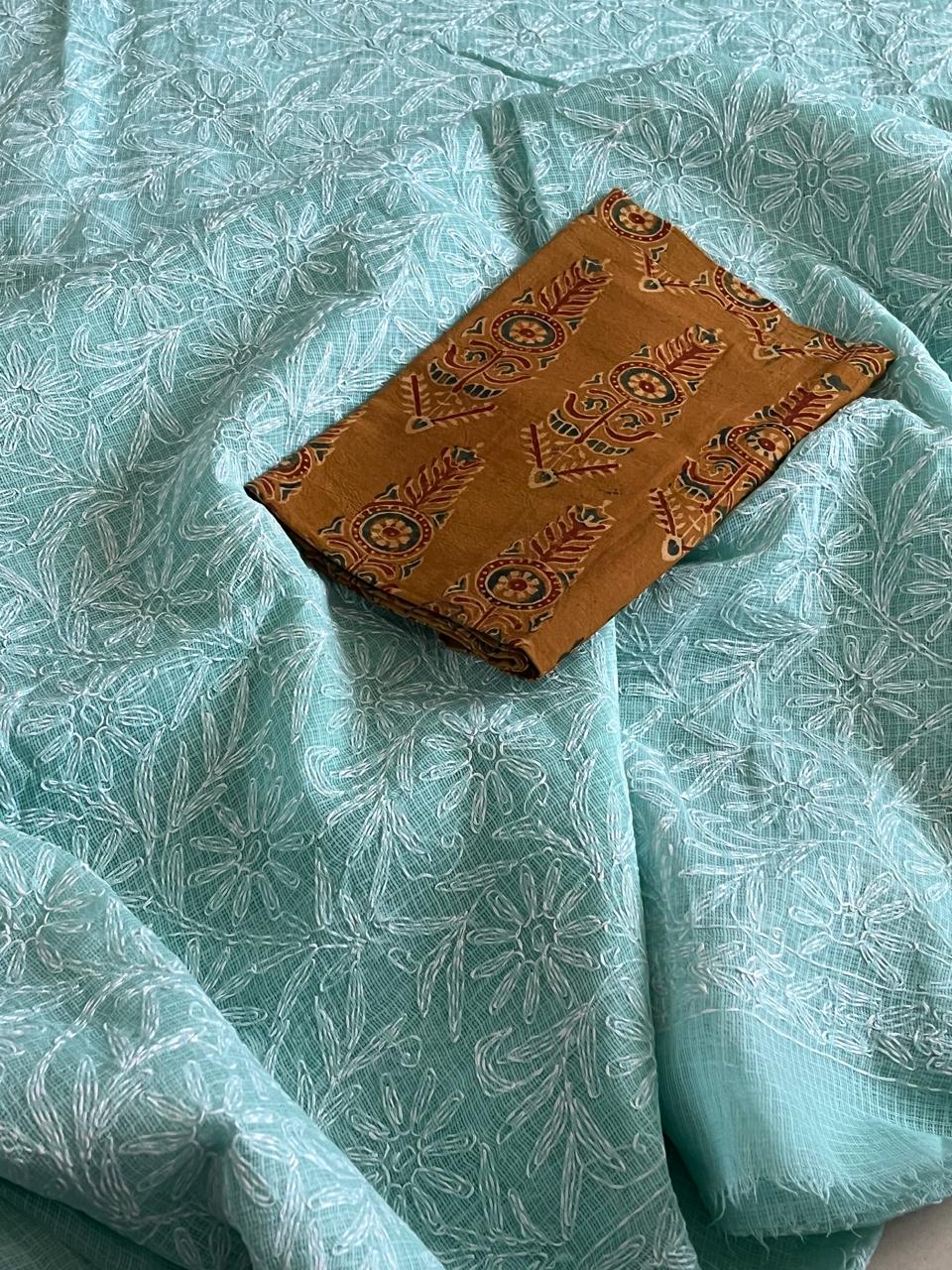 Lucknow Kota Doria Cotton Saree with Hand Tepchi Embroidery and Ajrakh blouse - Sea Green