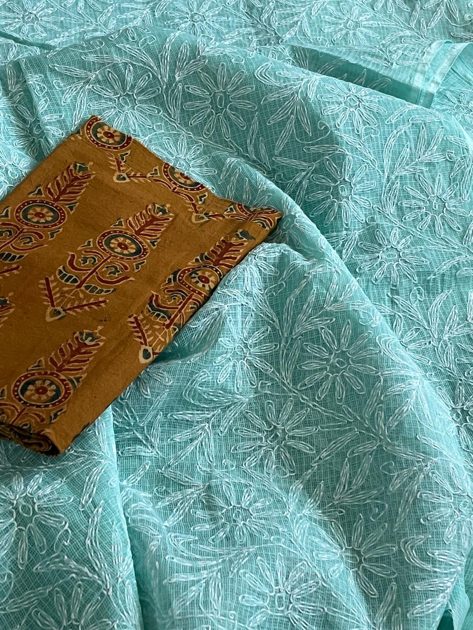Lucknow Kota Doria Cotton Saree with Hand Tepchi Embroidery and Ajrakh blouse - Sea Green