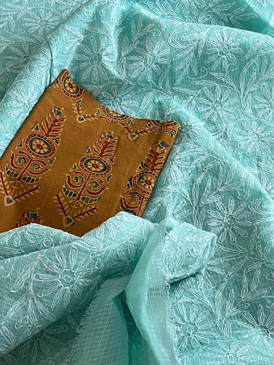 Lucknow Kota Doria Cotton Saree with Hand Tepchi Embroidery and Ajrakh blouse - Sea Green