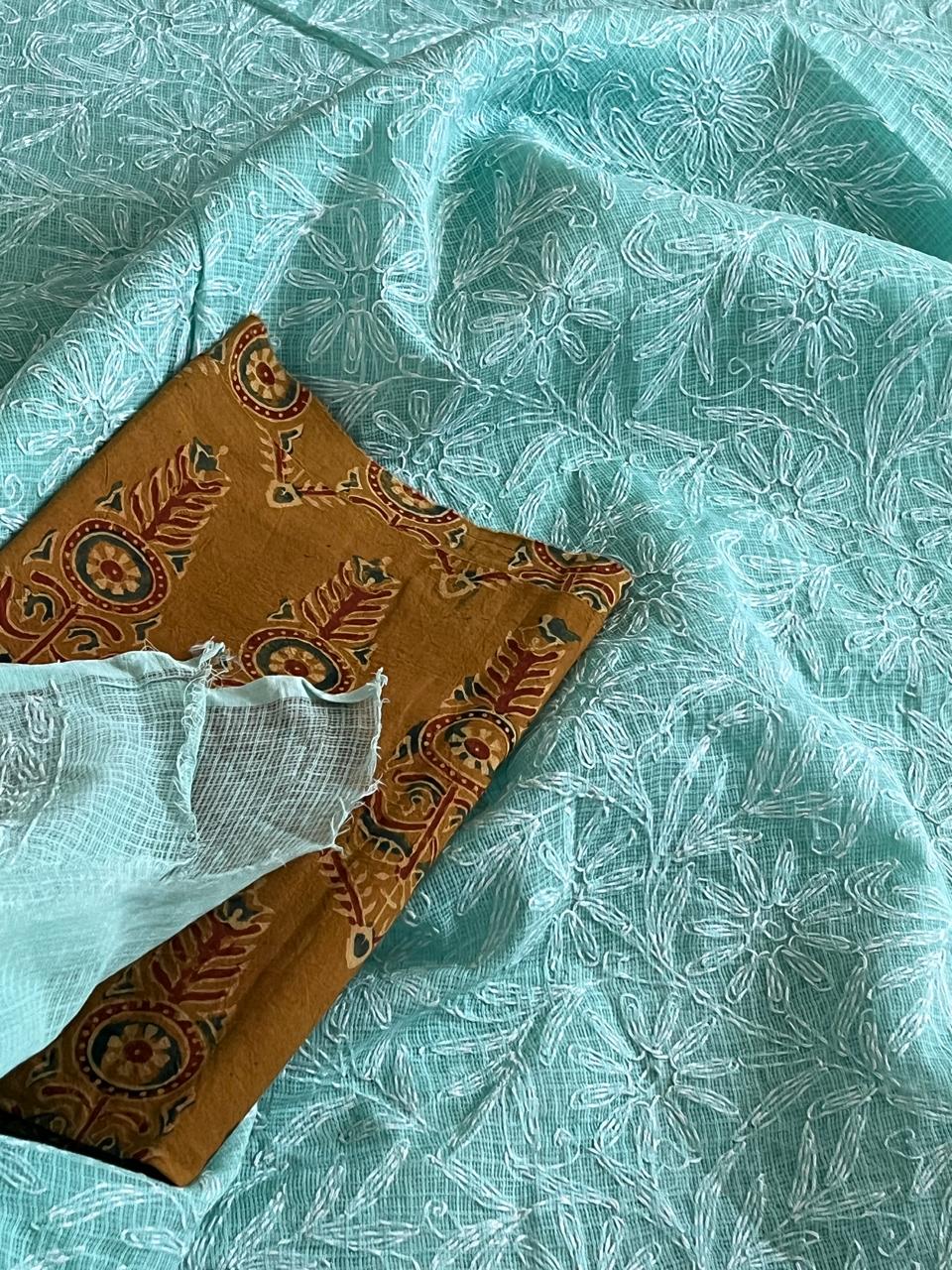 Lucknow Kota Doria Cotton Saree with Hand Tepchi Embroidery and Ajrakh blouse - Sea Green