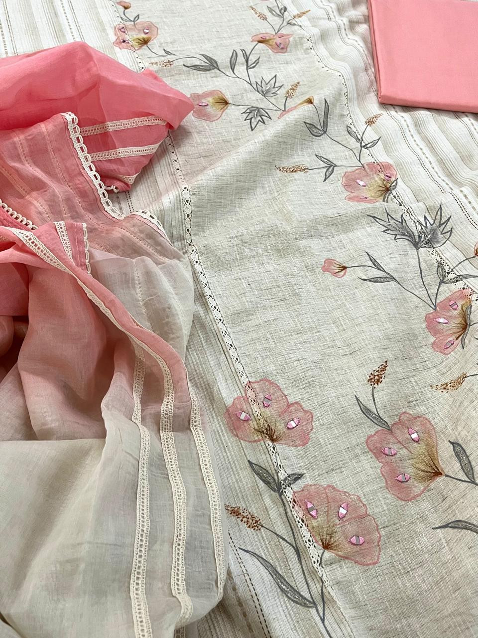 Beautiful Cotton 3 piece Suit with Print and Mirrors - Pink