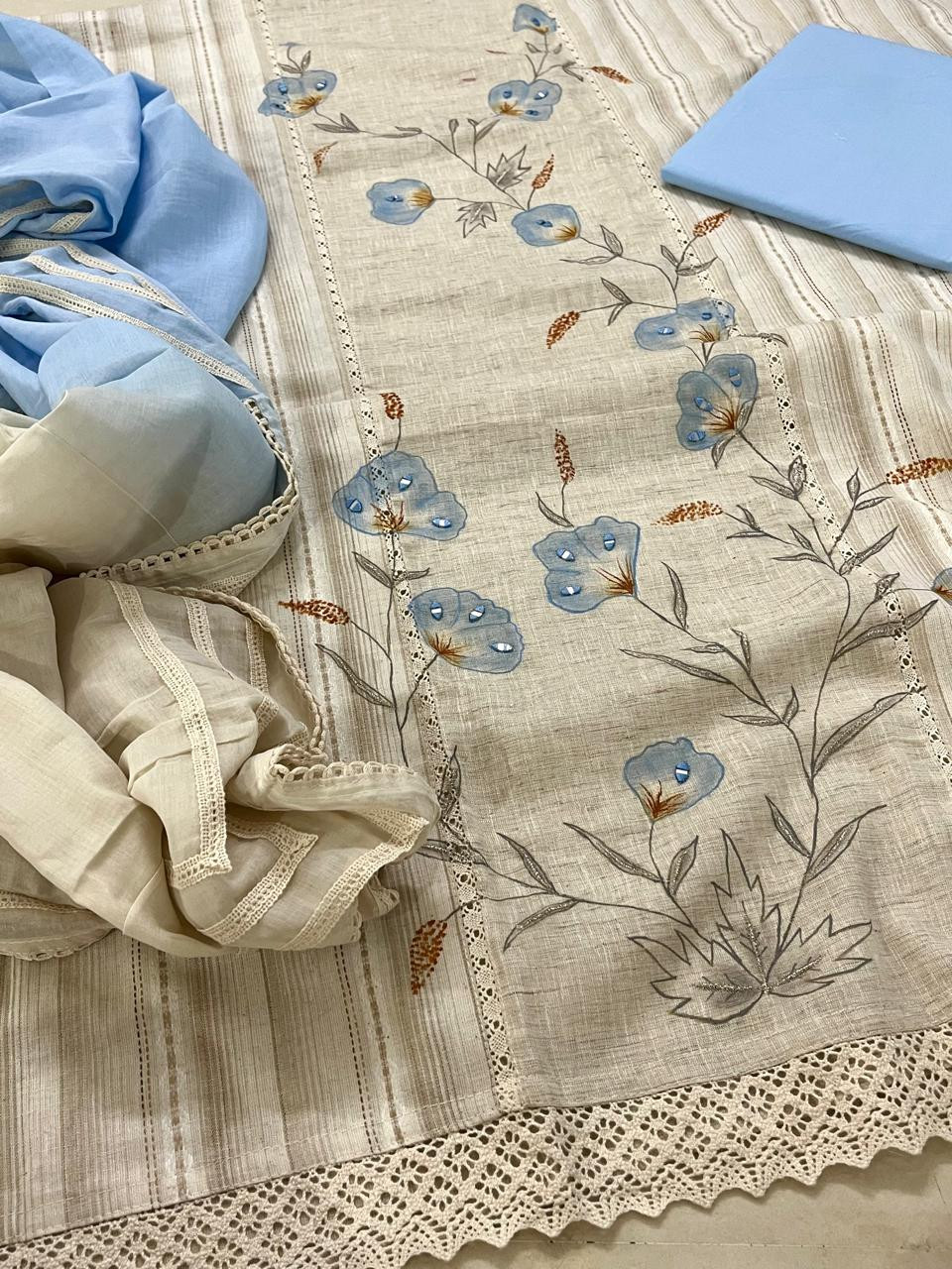 Beautiful Cotton 3 piece Suit with Print and Mirrors - Blue