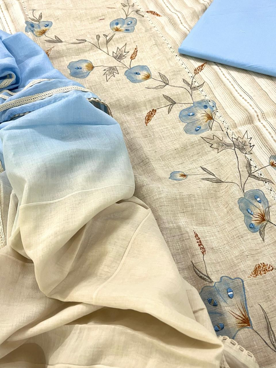 Beautiful Cotton 3 piece Suit with Print and Mirrors - Blue