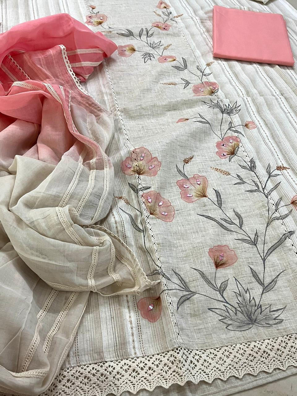 Beautiful Cotton 3 piece Suit with Print and Mirrors - Pink