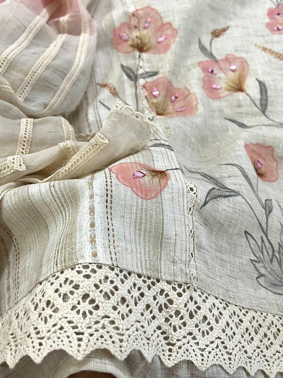 Beautiful Cotton 3 piece Suit with Print and Mirrors - Pink