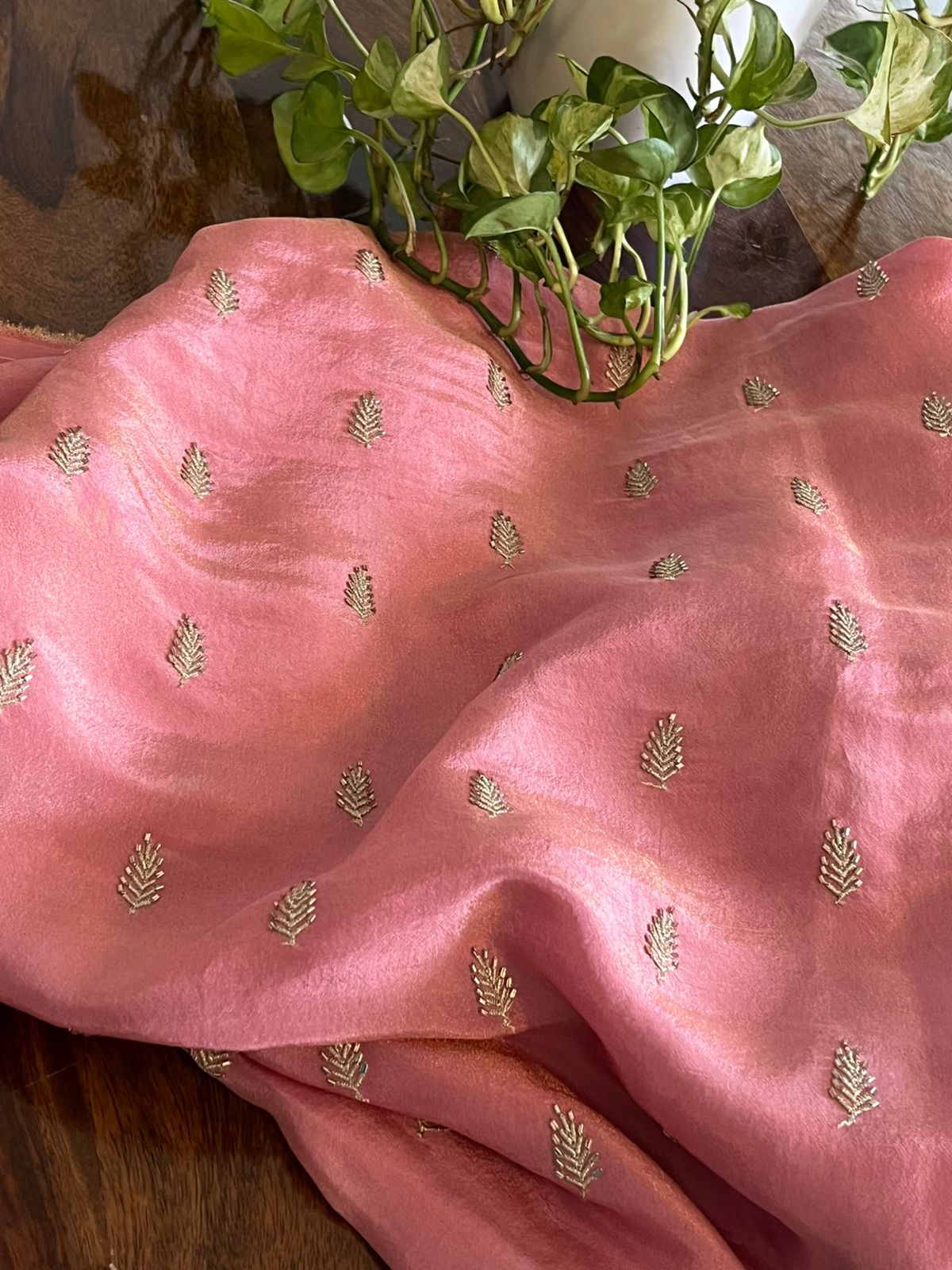 Crepe Tissue Kurta Fabric with Embroidered Leaves - 25mts - Pink