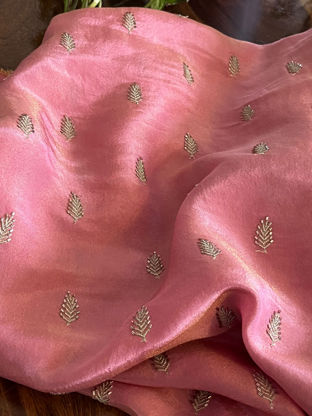 Crepe Tissue Kurta Fabric with Embroidered Leaves - 25mts - Pink