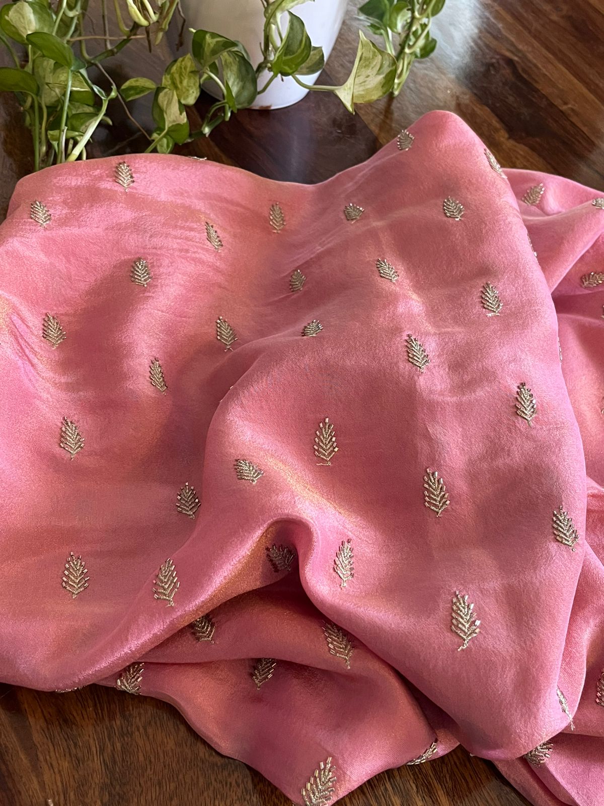 Crepe Tissue Kurta Fabric with Embroidered Leaves - 25mts - Pink