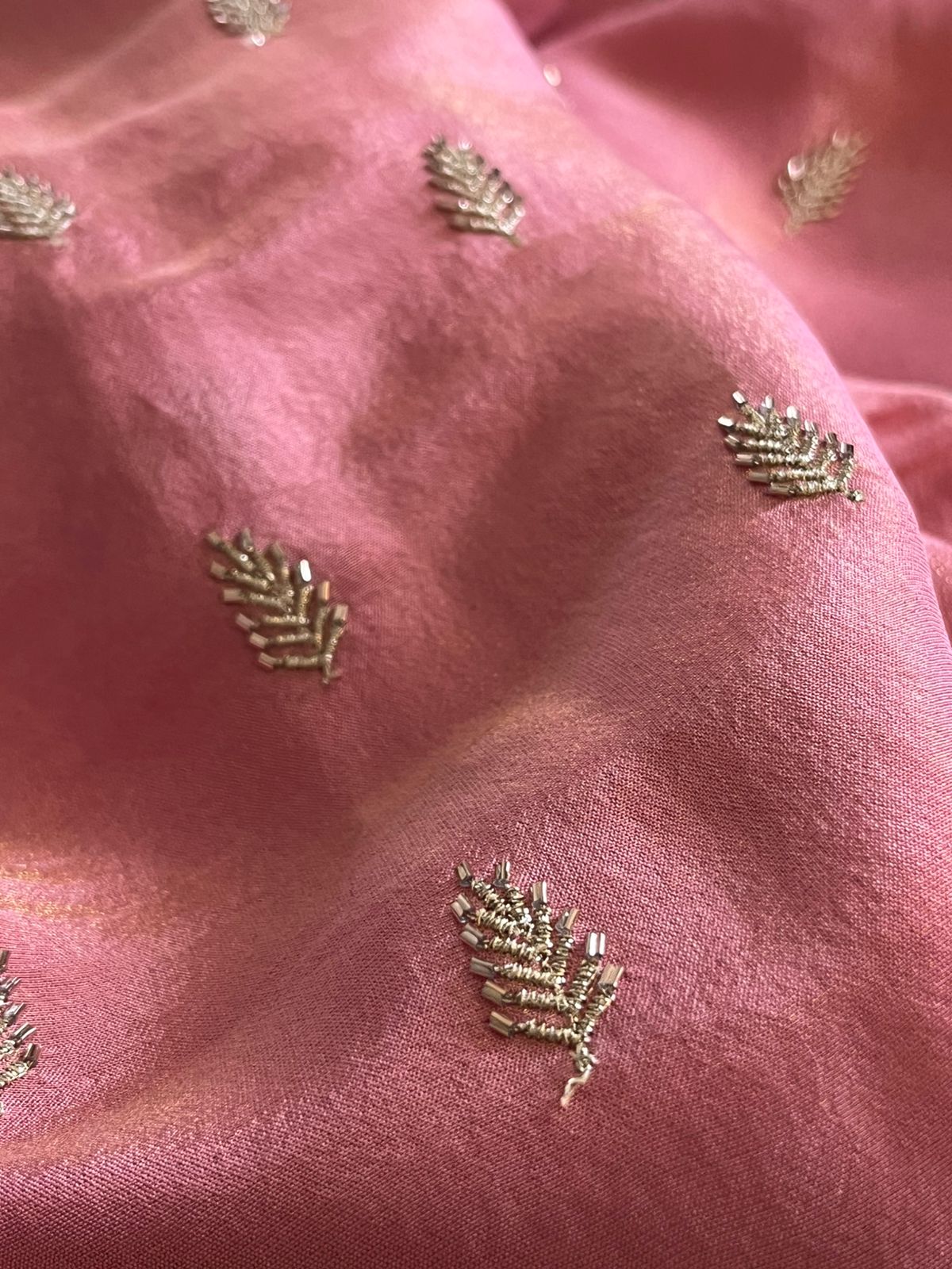 Crepe Tissue Kurta Fabric with Embroidered Leaves - 25mts - Pink