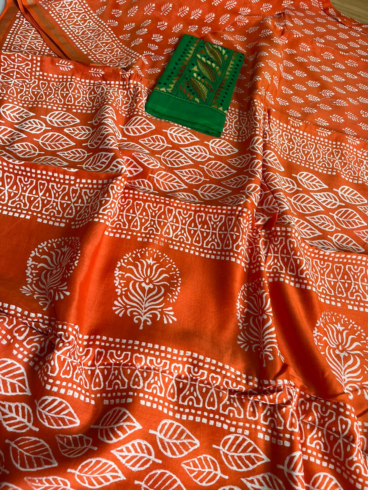 Chanderi Cotton Silk Dabu Hand Block Print Saree - Orange