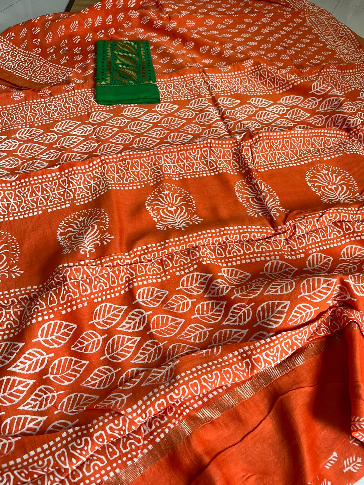 Chanderi Cotton Silk Dabu Hand Block Print Saree - Orange