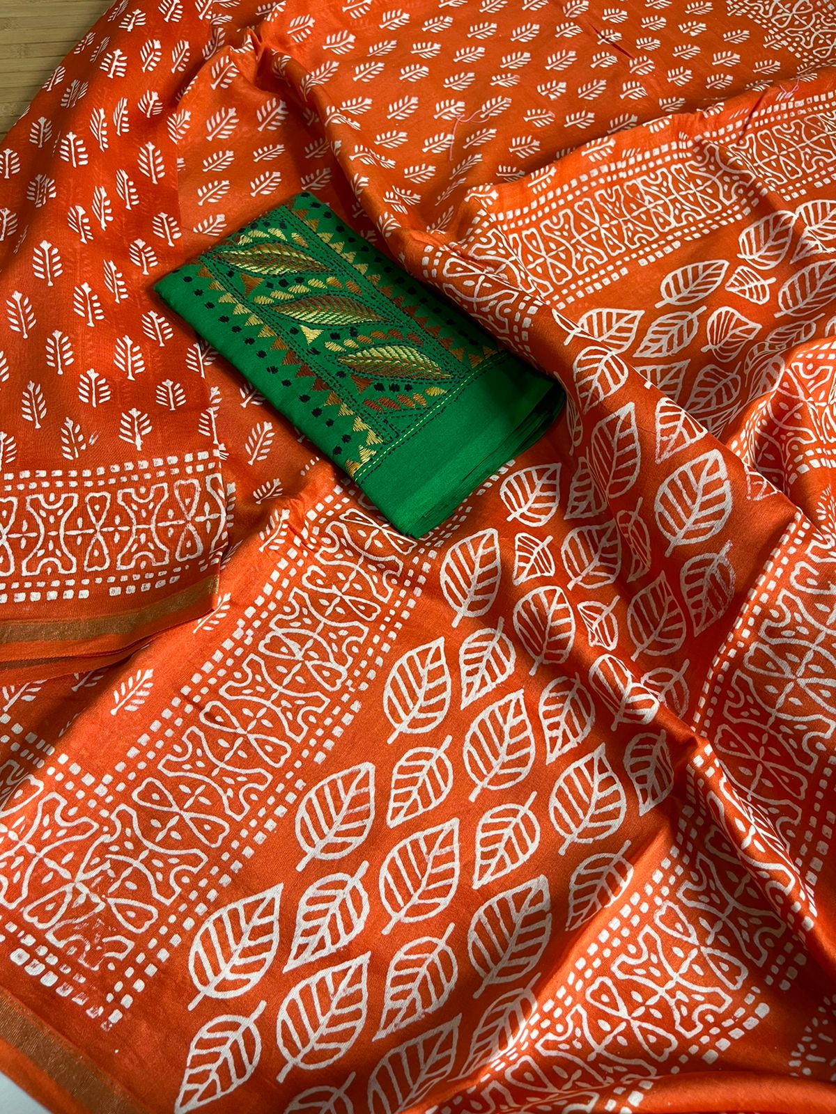 Chanderi Cotton Silk Dabu Hand Block Print Saree - Orange