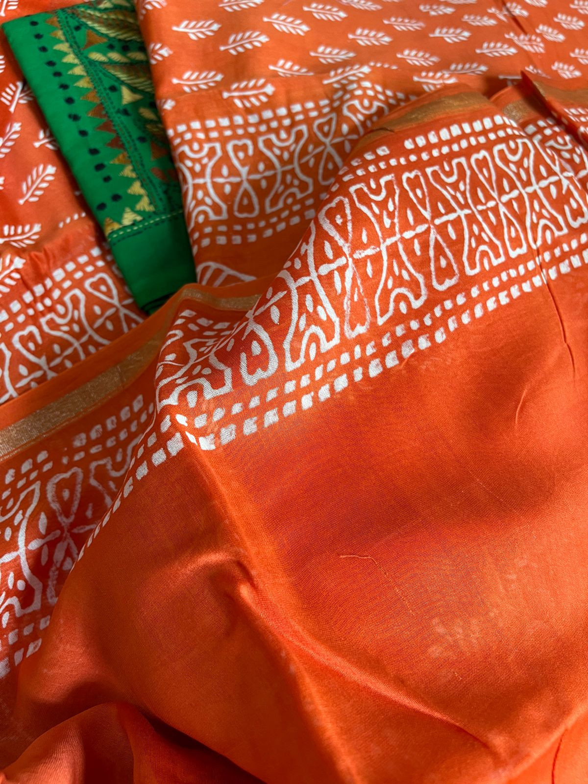 Chanderi Cotton Silk Dabu Hand Block Print Saree - Orange