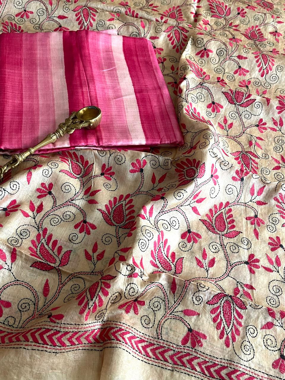 Hand Embroidered Floral Kantha Silk Dupatta with Silk Kurta - With Pink Striped Kurta