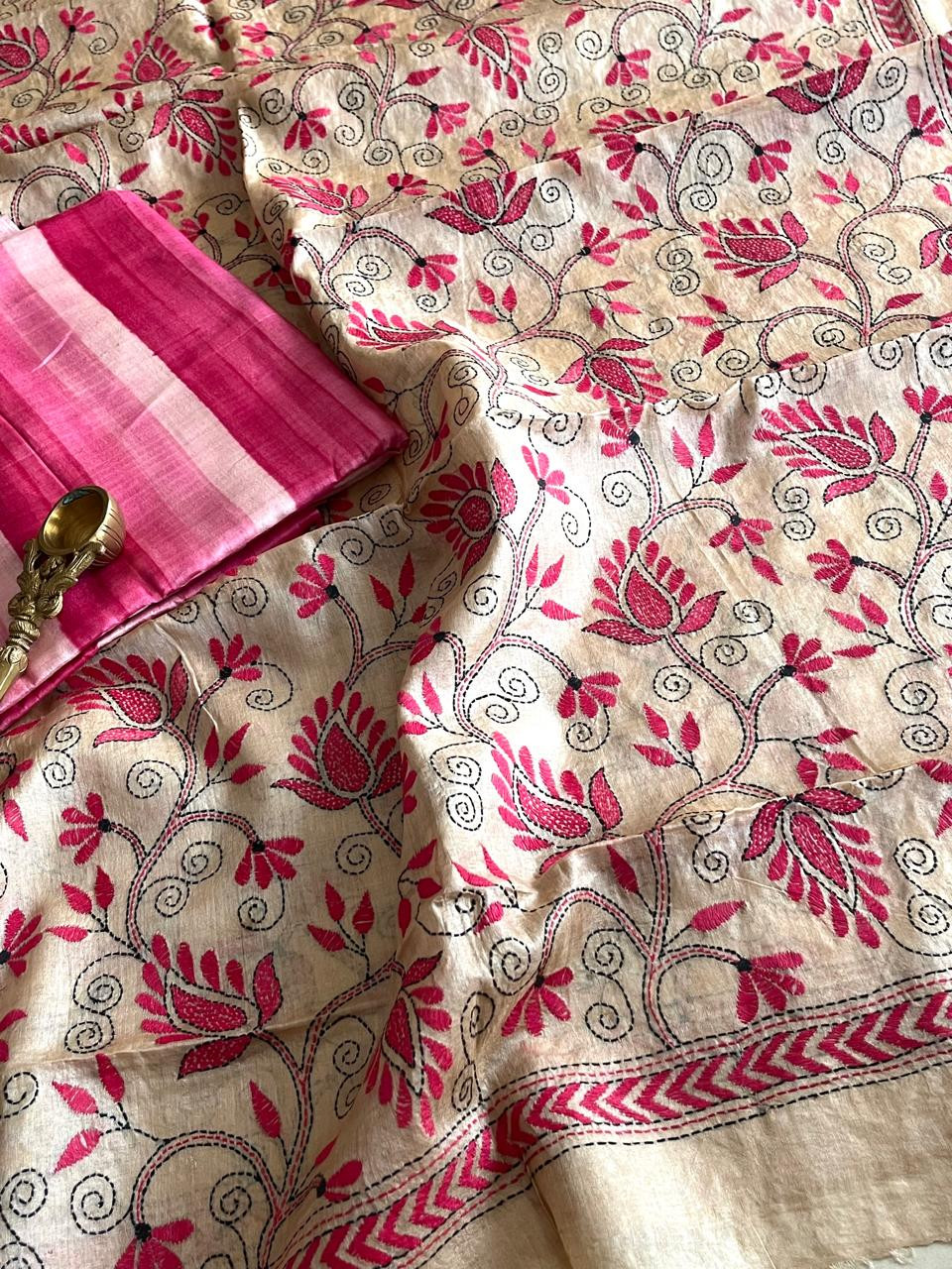 Hand Embroidered Floral Kantha Silk Dupatta with Silk Kurta - With Pink Striped Kurta
