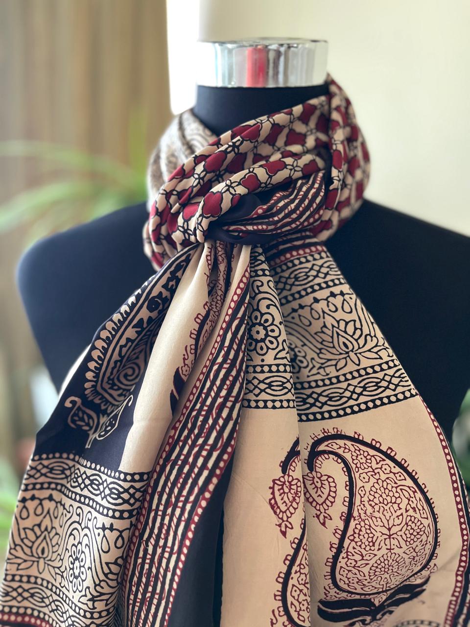 Beautiful Crepe Bagh Handblock Print Stole- Multicolor