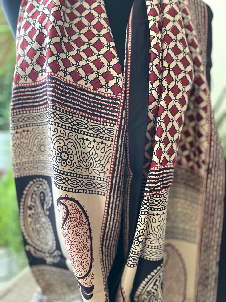 Beautiful Crepe Bagh Handblock Print Stole- Multicolor