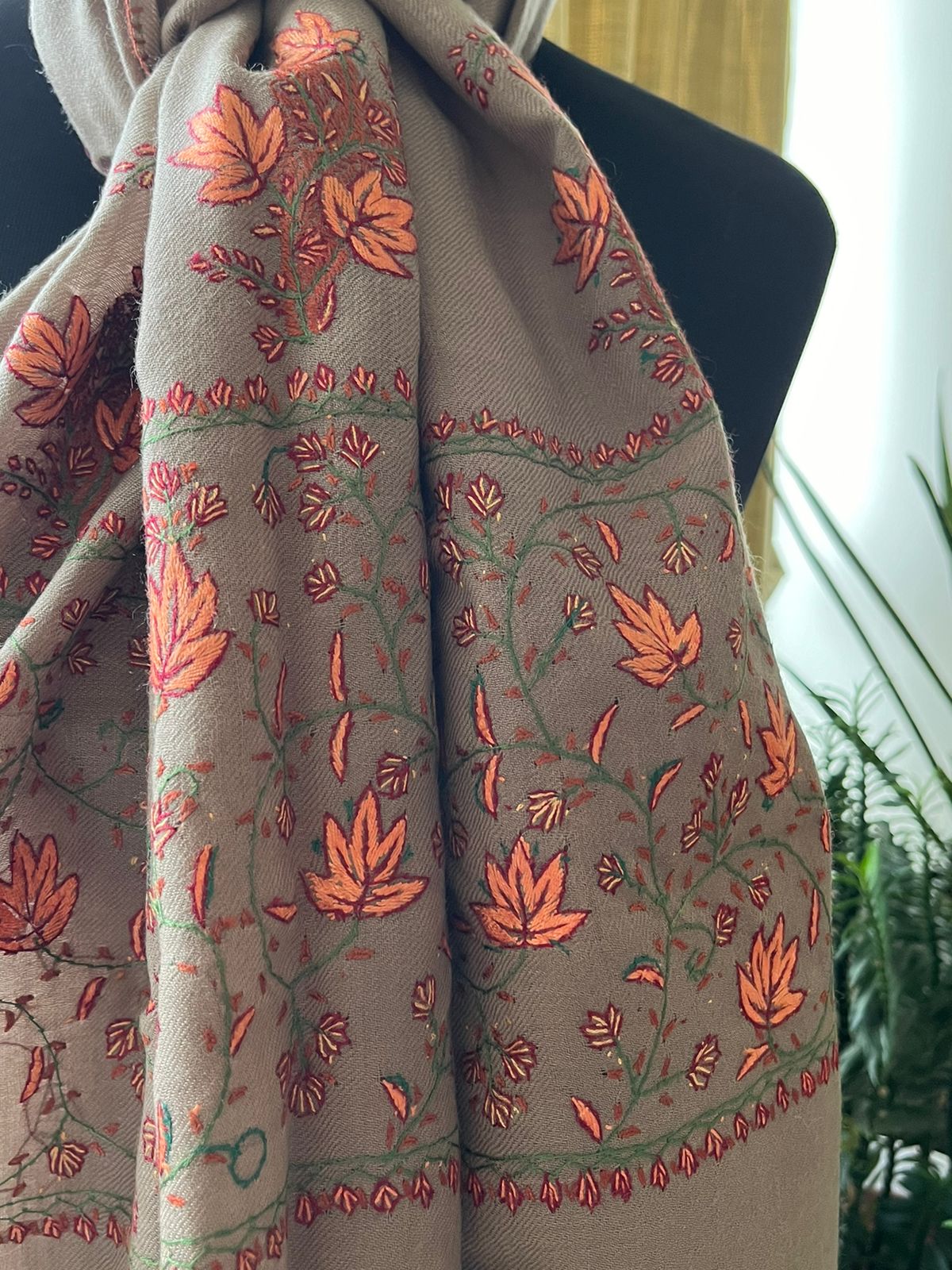 Beautiful Sozni Embroidered Handcrafted Woollen Stoles - Taupe