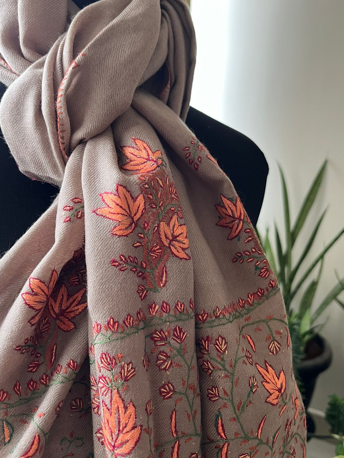 Beautiful Sozni Embroidered Handcrafted Woollen Stoles - Taupe