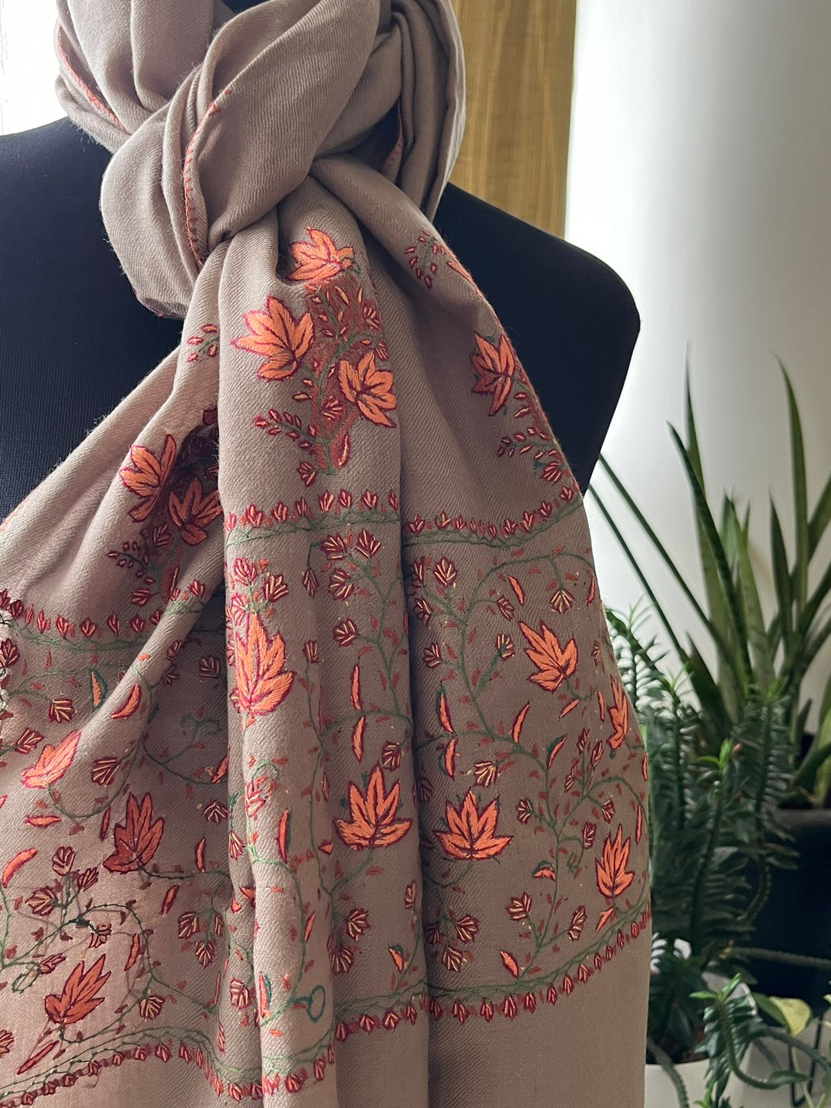 Beautiful Sozni Embroidered Handcrafted Woollen Stoles - Taupe