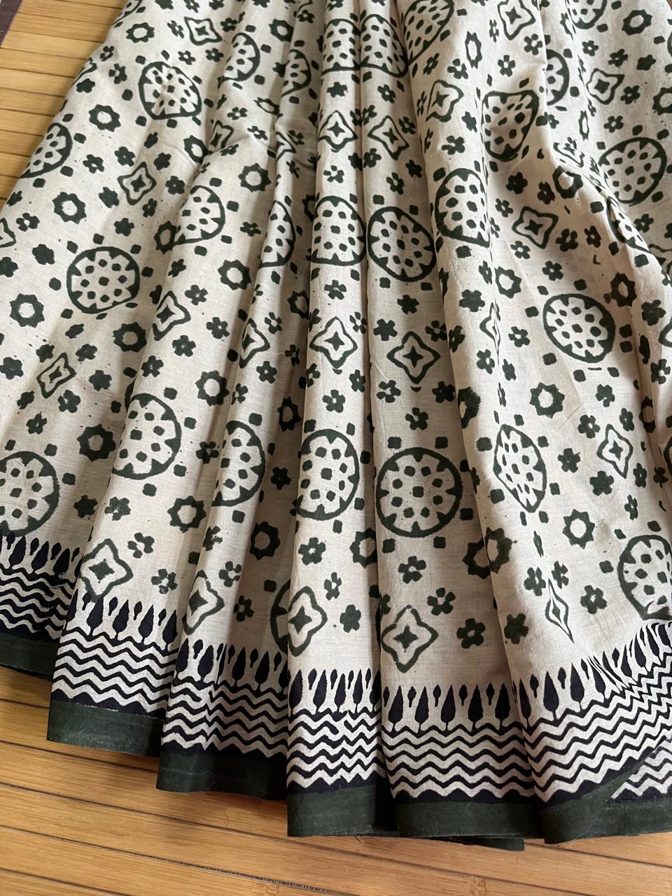 Pure Mul cotton sarees with handblock print - Off White with multicolour