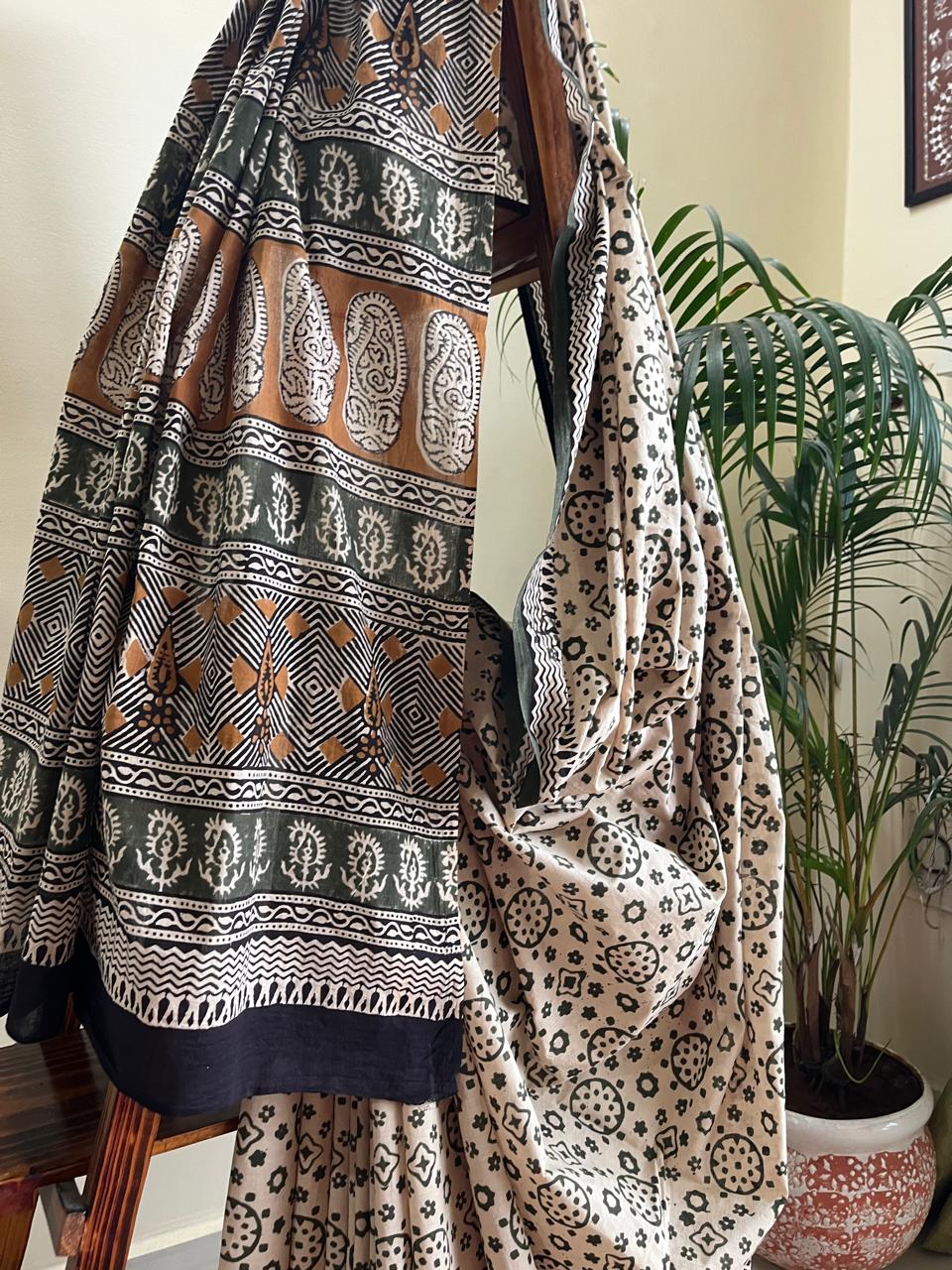 Pure Mul cotton sarees with handblock print - Off White with multicolour