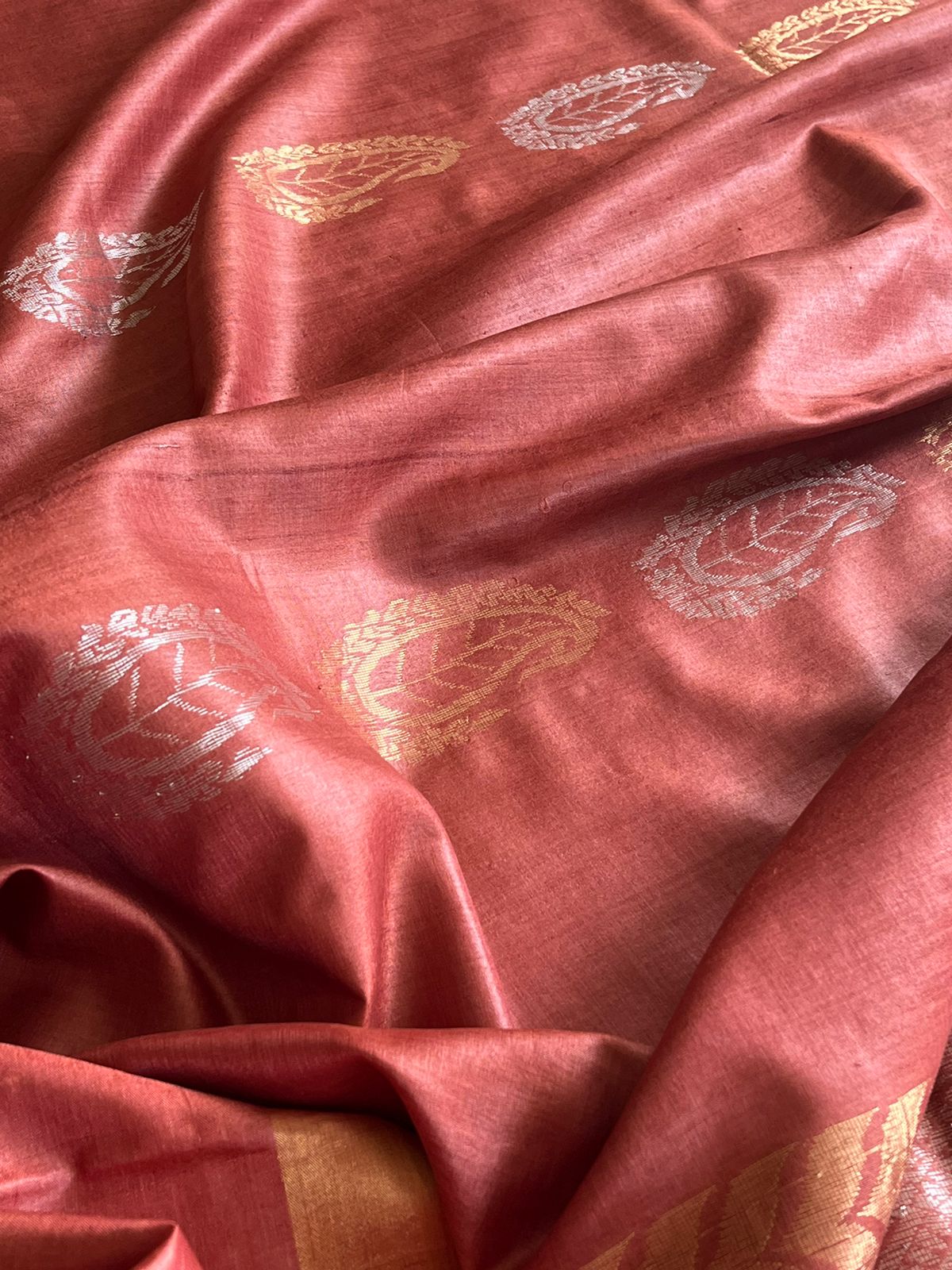 Pure Silk Handwoven Kosa Silk saree - Caramel Brown
