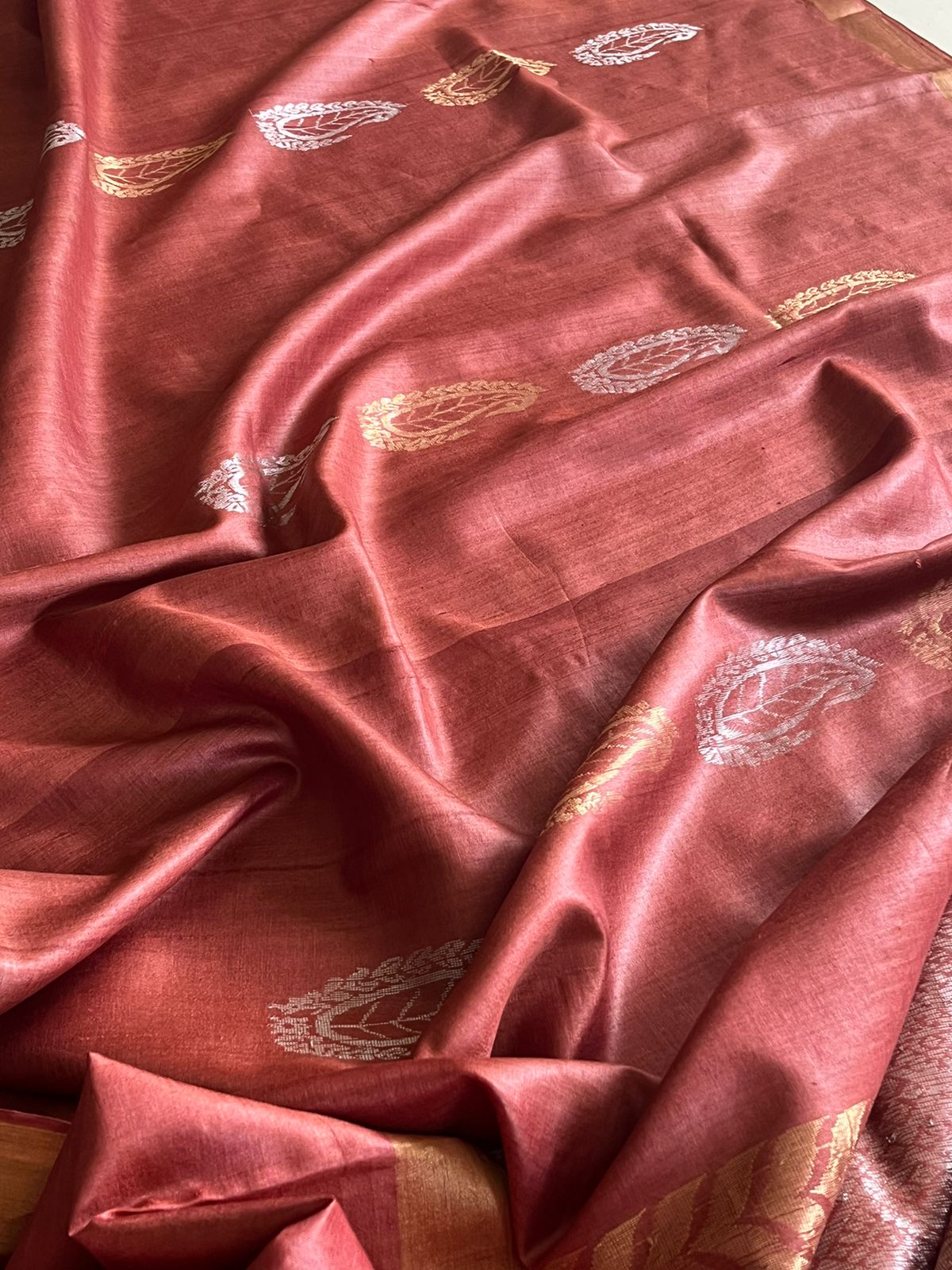 Pure Silk Handwoven Kosa Silk saree - Caramel Brown