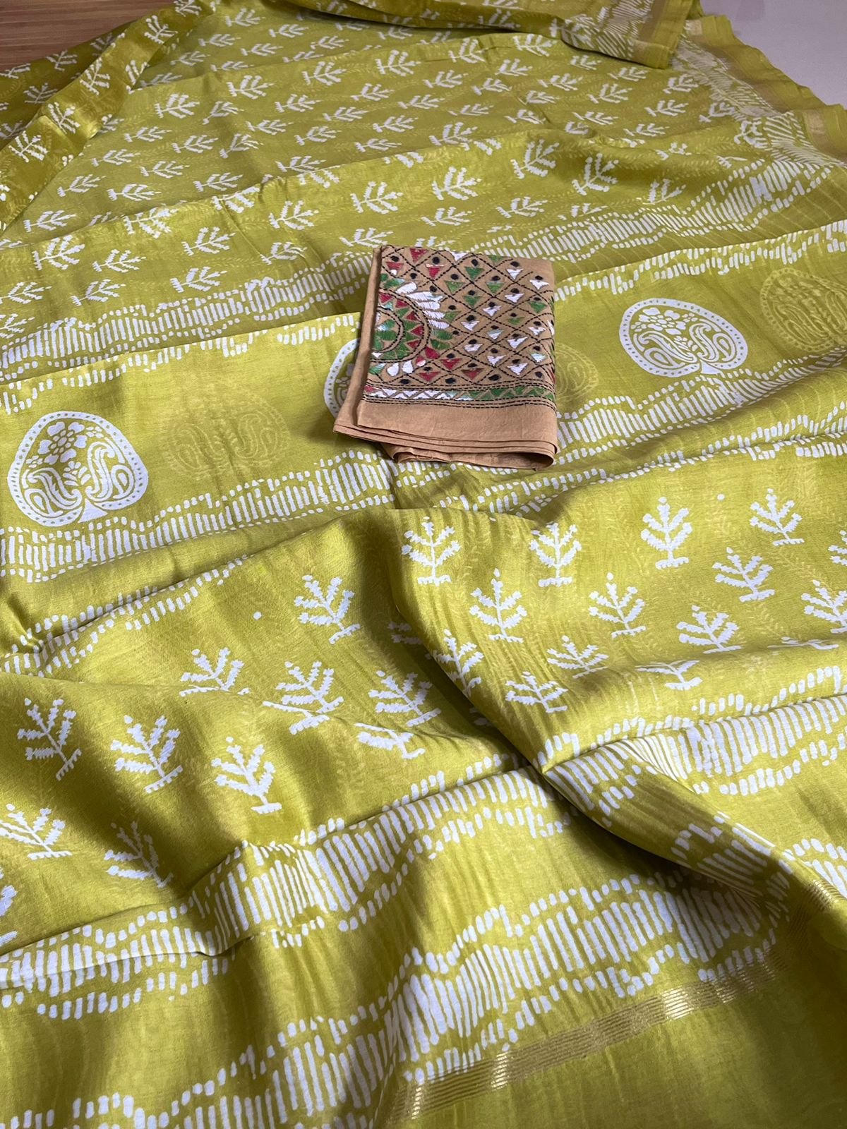 Chanderi Cotton Silk Dabu Hand Block Print Saree - Greenish Golden
