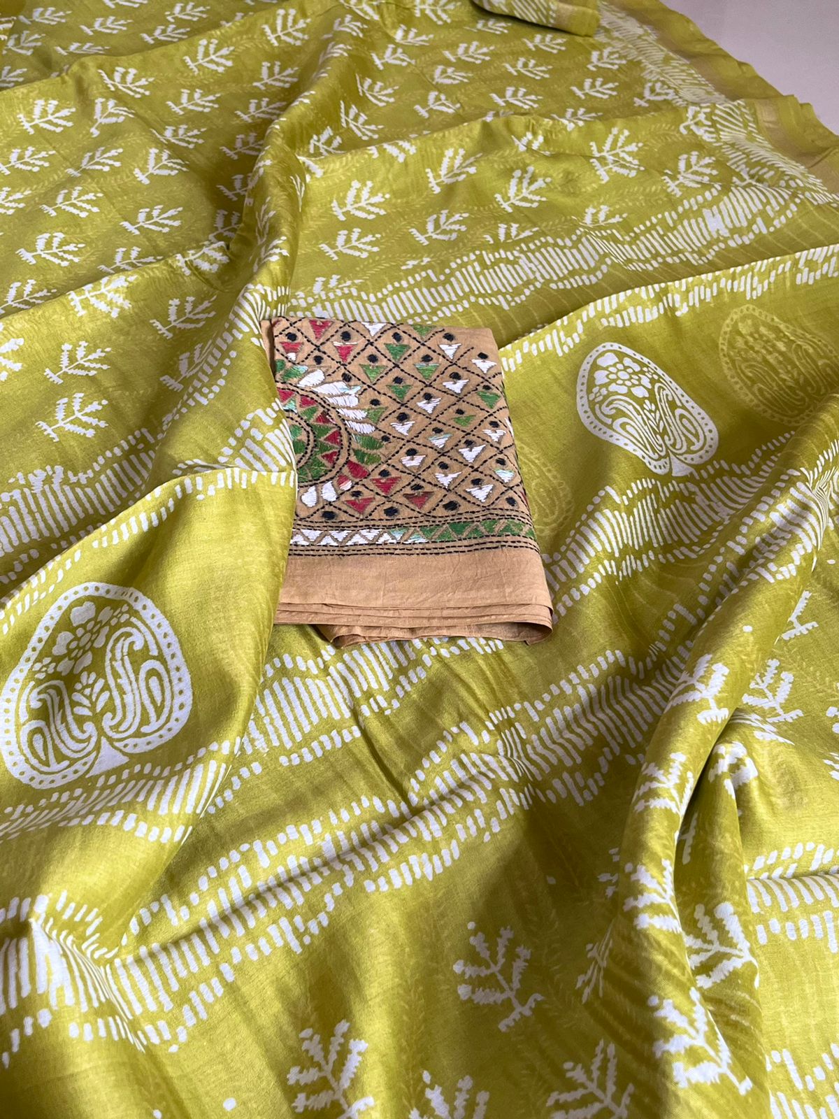 Chanderi Cotton Silk Dabu Hand Block Print Saree - Greenish Golden