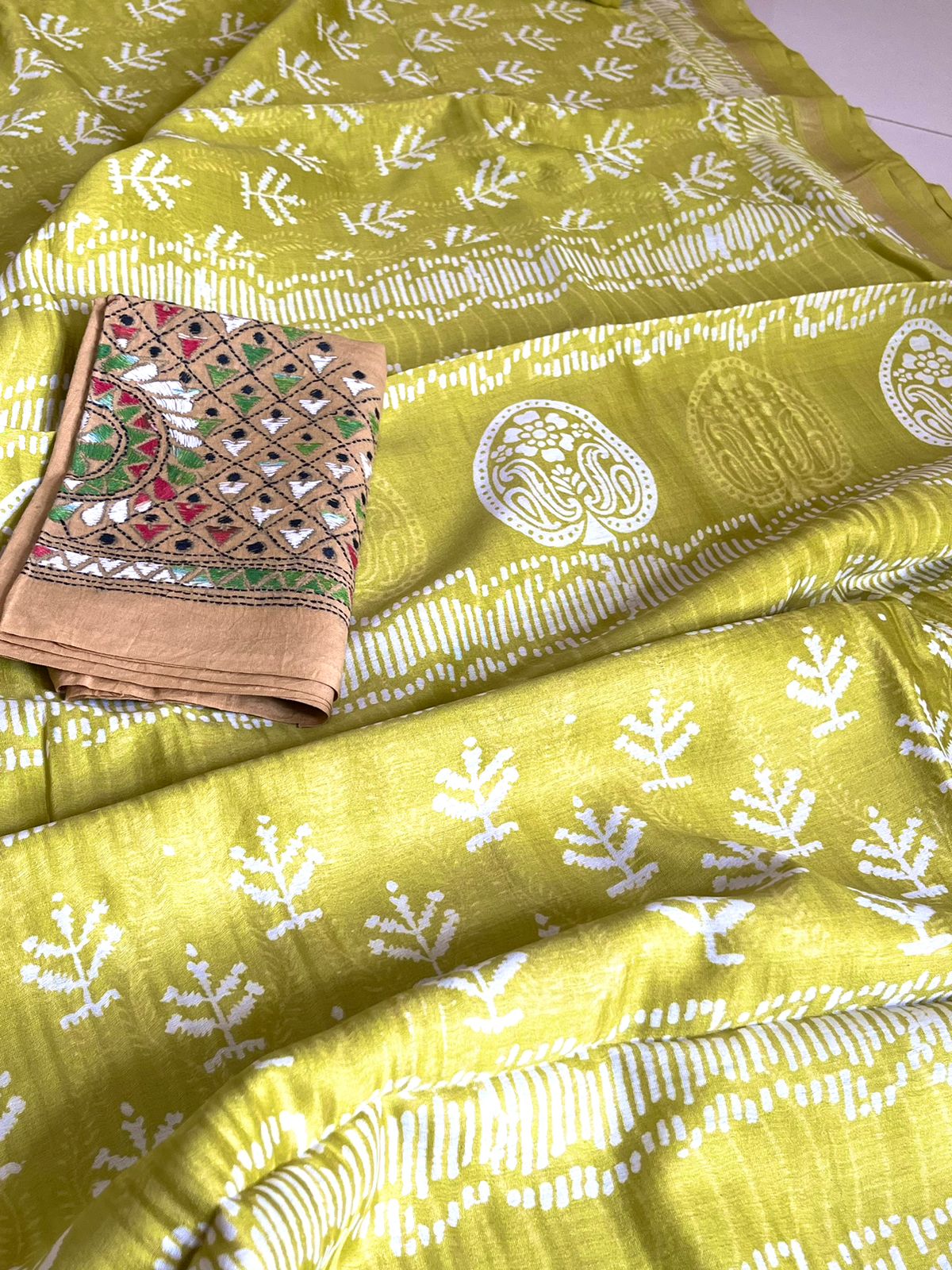Chanderi Cotton Silk Dabu Hand Block Print Saree - Greenish Golden