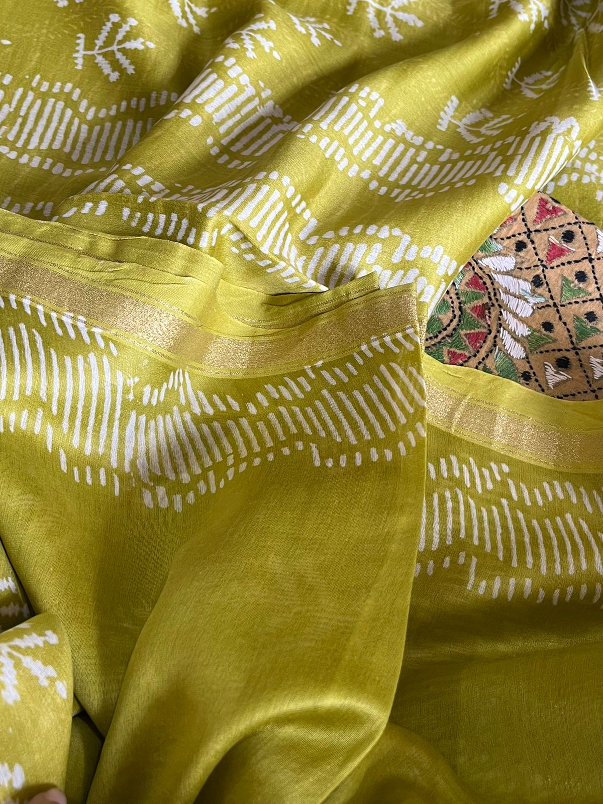 Chanderi Cotton Silk Dabu Hand Block Print Saree - Greenish Golden