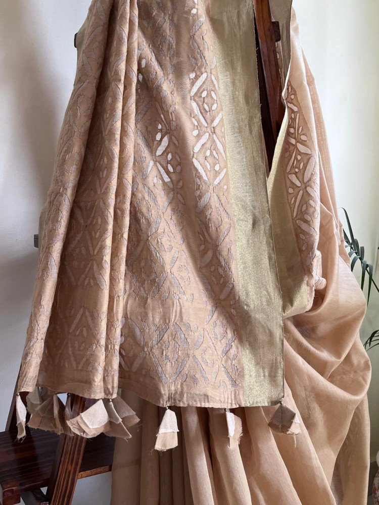 Image of Exclusive Chanderi Handcrafted cutwork Saree - Beige