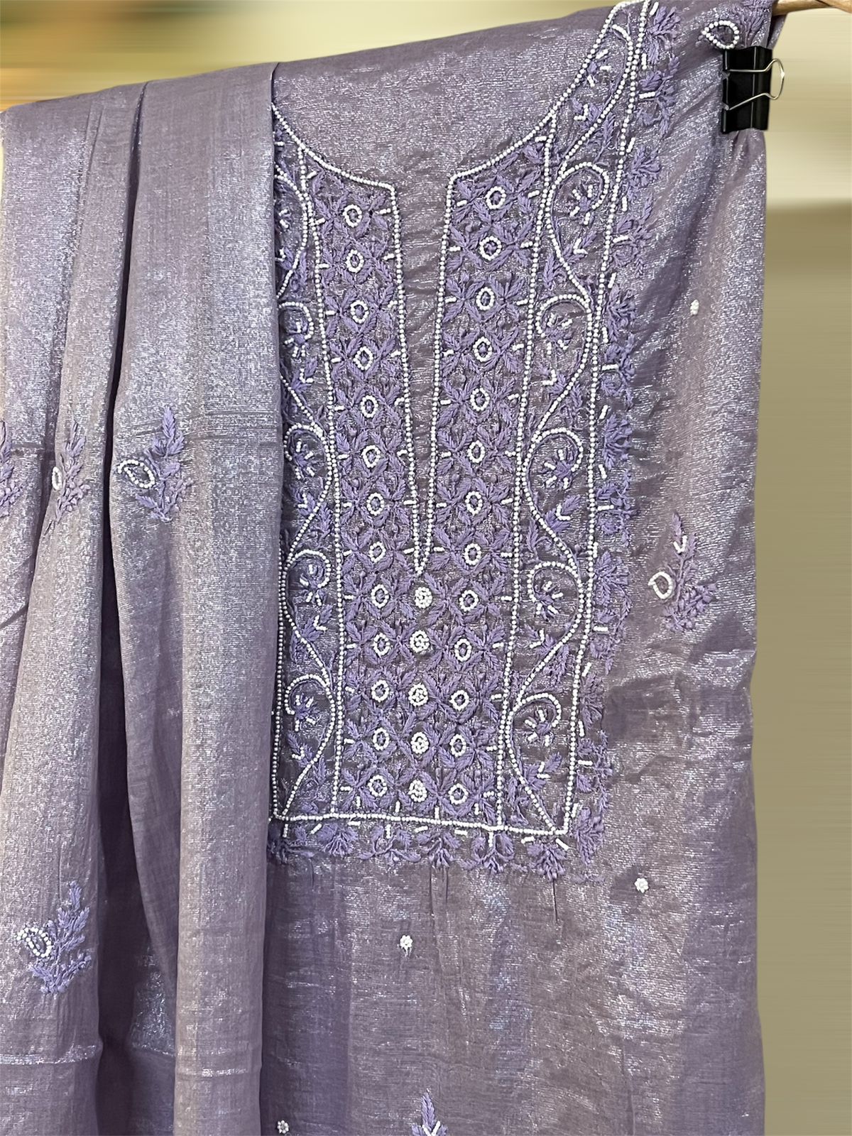 Exclusive Chanderi Tissue Chikankari Handwork Kurta Dupatta - Lilac Gleam