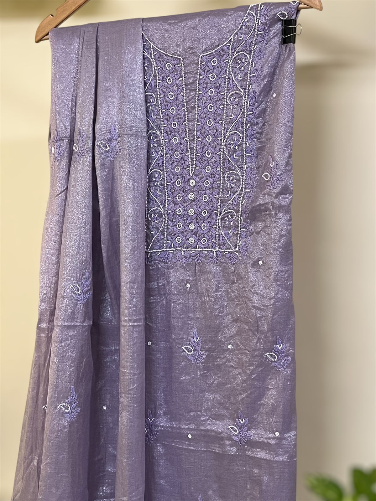 Exclusive Chanderi Tissue Chikankari Handwork Kurta Dupatta - Lilac Gleam