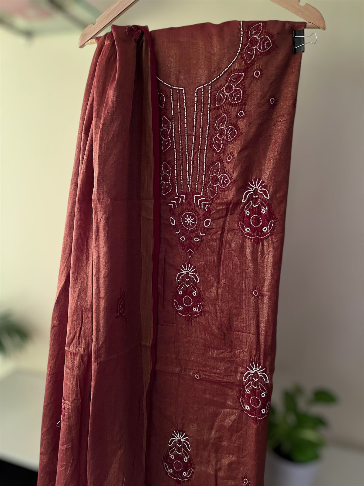 Exclusive Chanderi Tissue Chikankari Handwork Kurta Dupatta - Rajwada Rouge