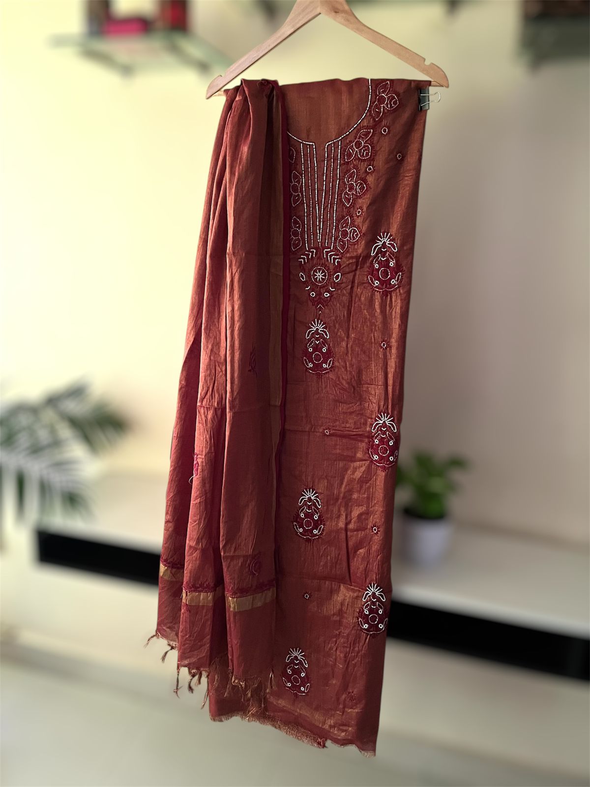 Exclusive Chanderi Tissue Chikankari Handwork Kurta Dupatta - Rajwada Rouge