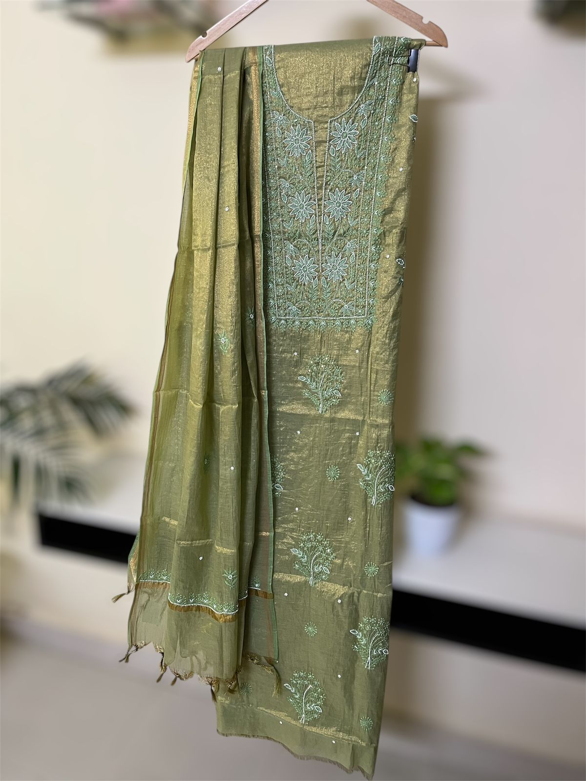 Exclusive Chanderi Tissue Chikankari Handwork Kurta Dupatta - Emerald Glow