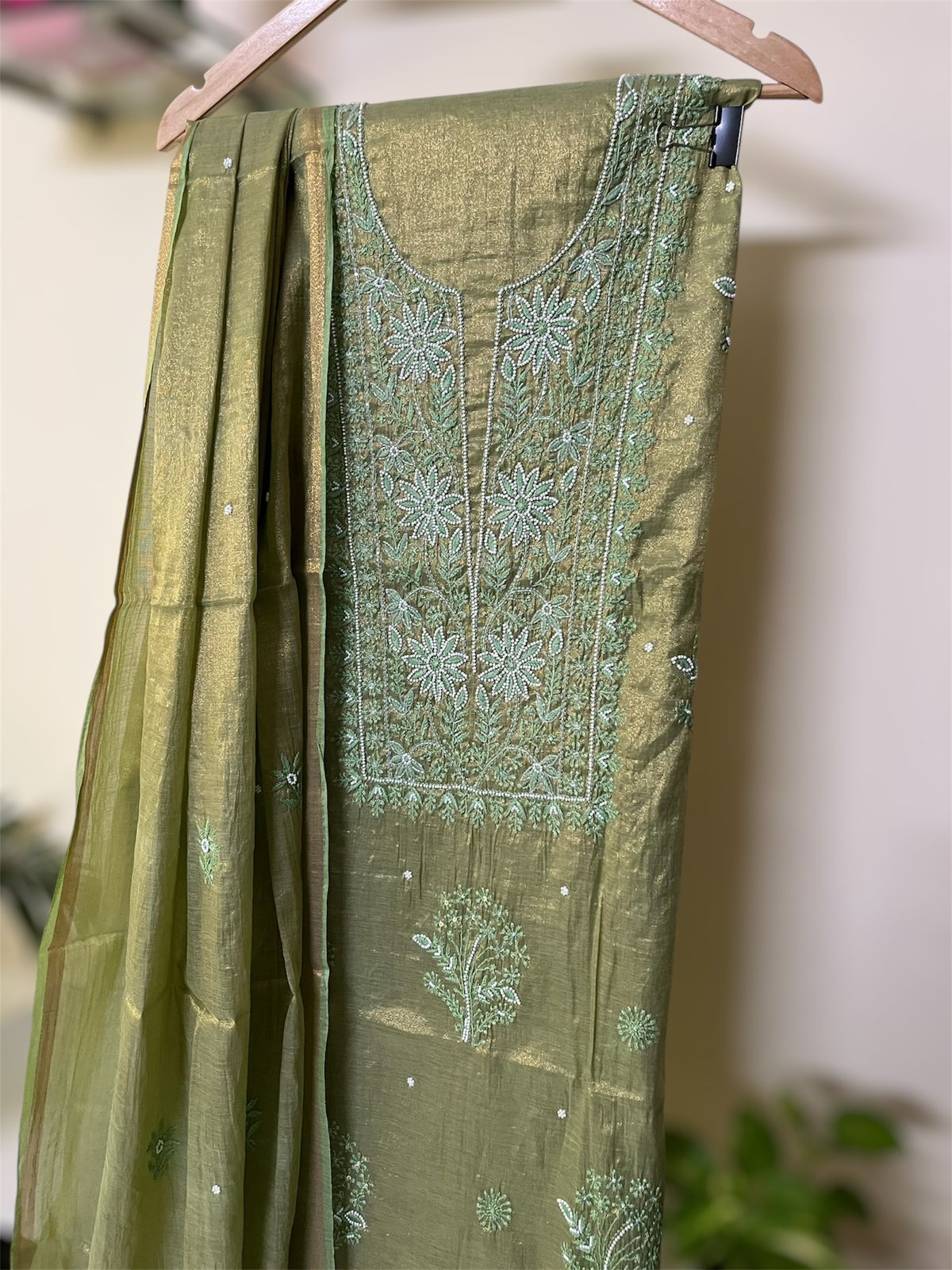 Exclusive Chanderi Tissue Chikankari Handwork Kurta Dupatta - Emerald Glow