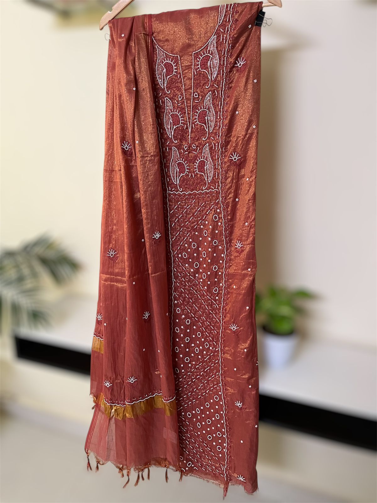 Exclusive Chanderi Tissue Chikankari Handwork Kurta Dupatta - Sangria Sheen