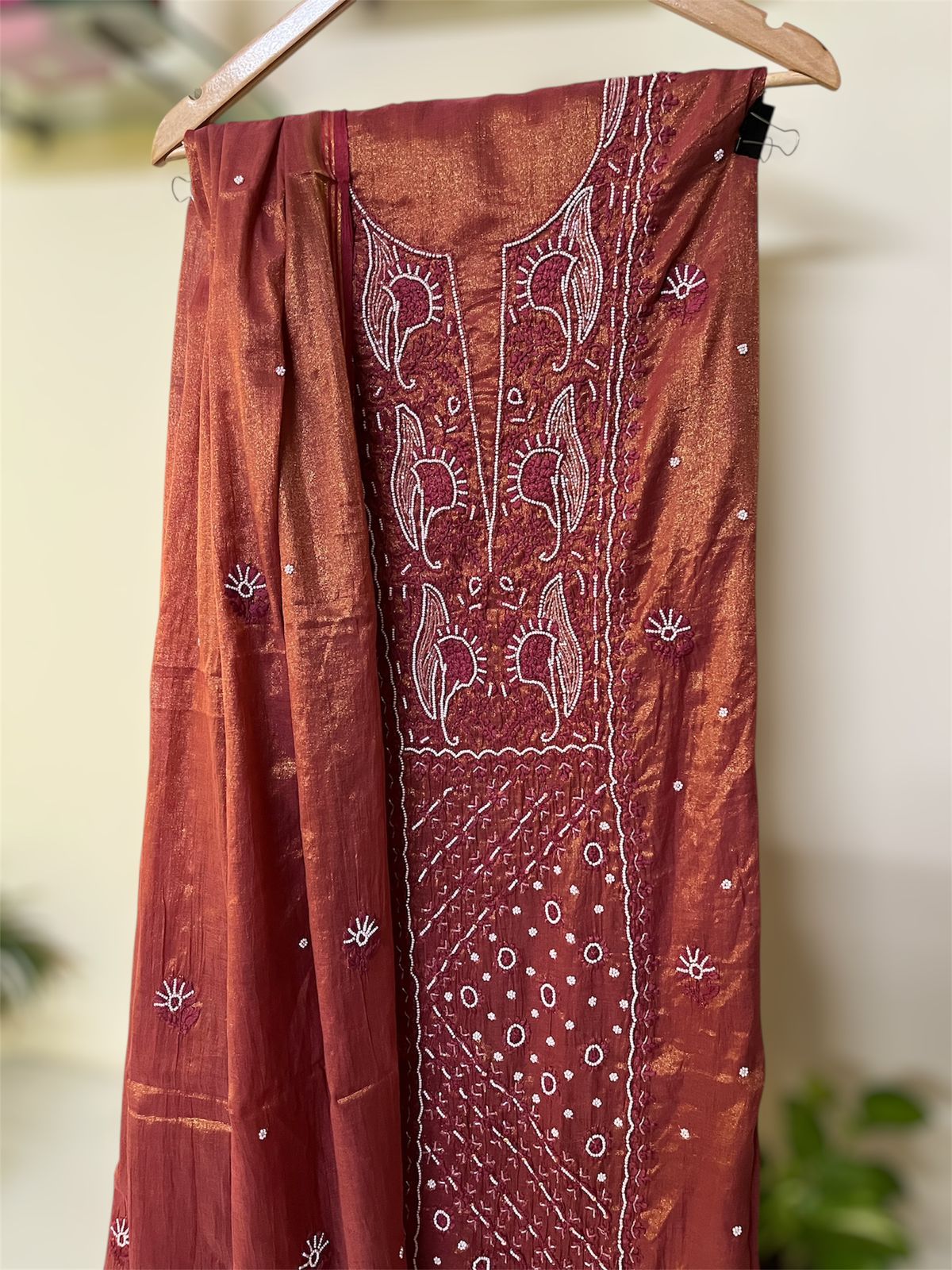 Exclusive Chanderi Tissue Chikankari Handwork Kurta Dupatta - Sangria Sheen
