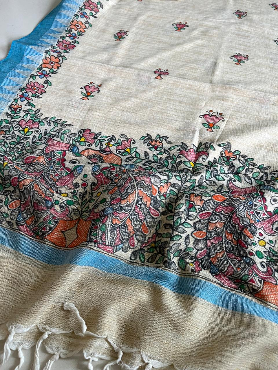 Exclusive Pure Cotton Silk Madhubani Handpainted dupatta - Beige with Blue